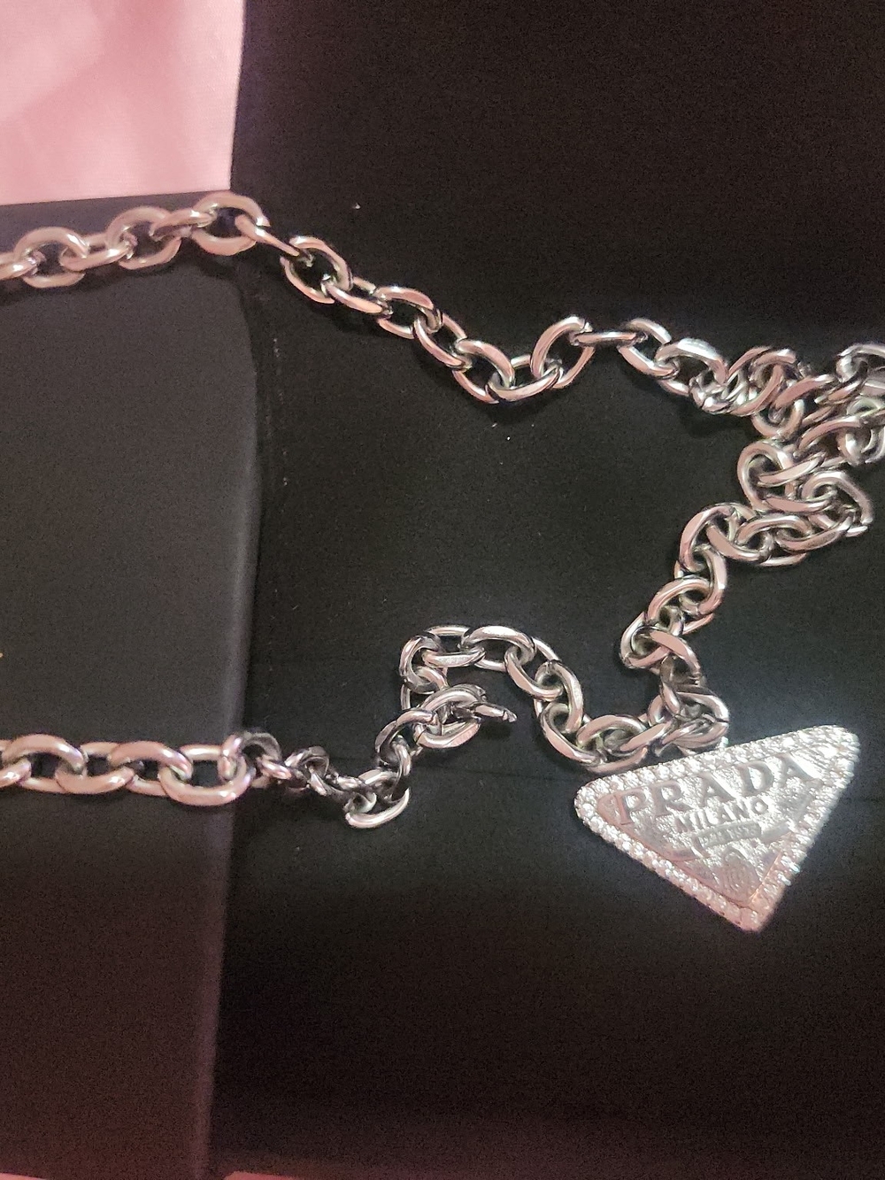Prada Silver-Tone Chain Necklace with Triangle Logo Pendant